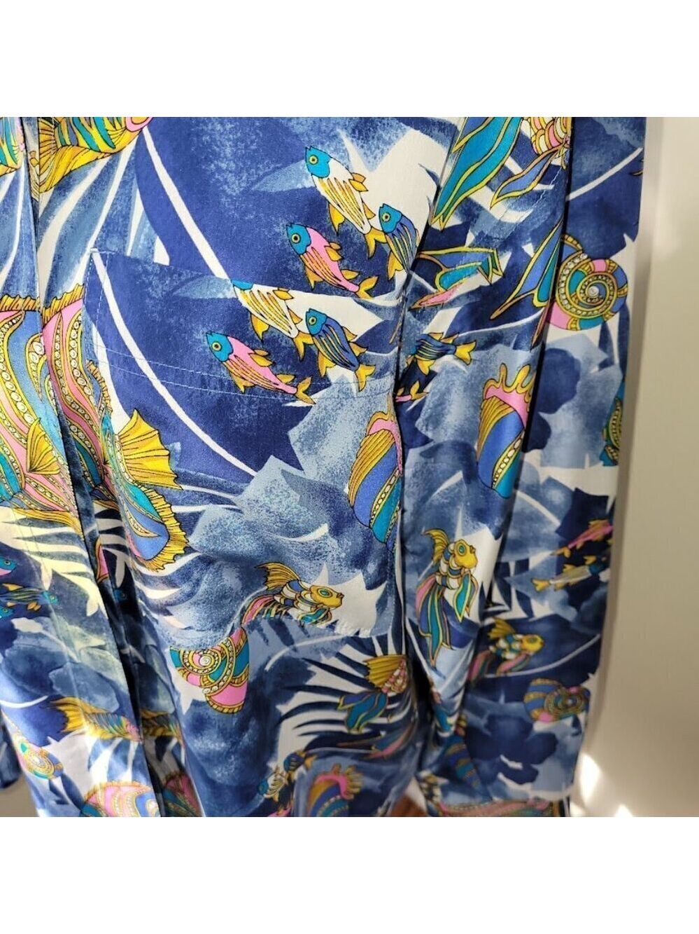S.L.B. Ocean Silk Blouse Tropical Fish Print Multicolored Shirt Women's Size S - Picture 9 of 13